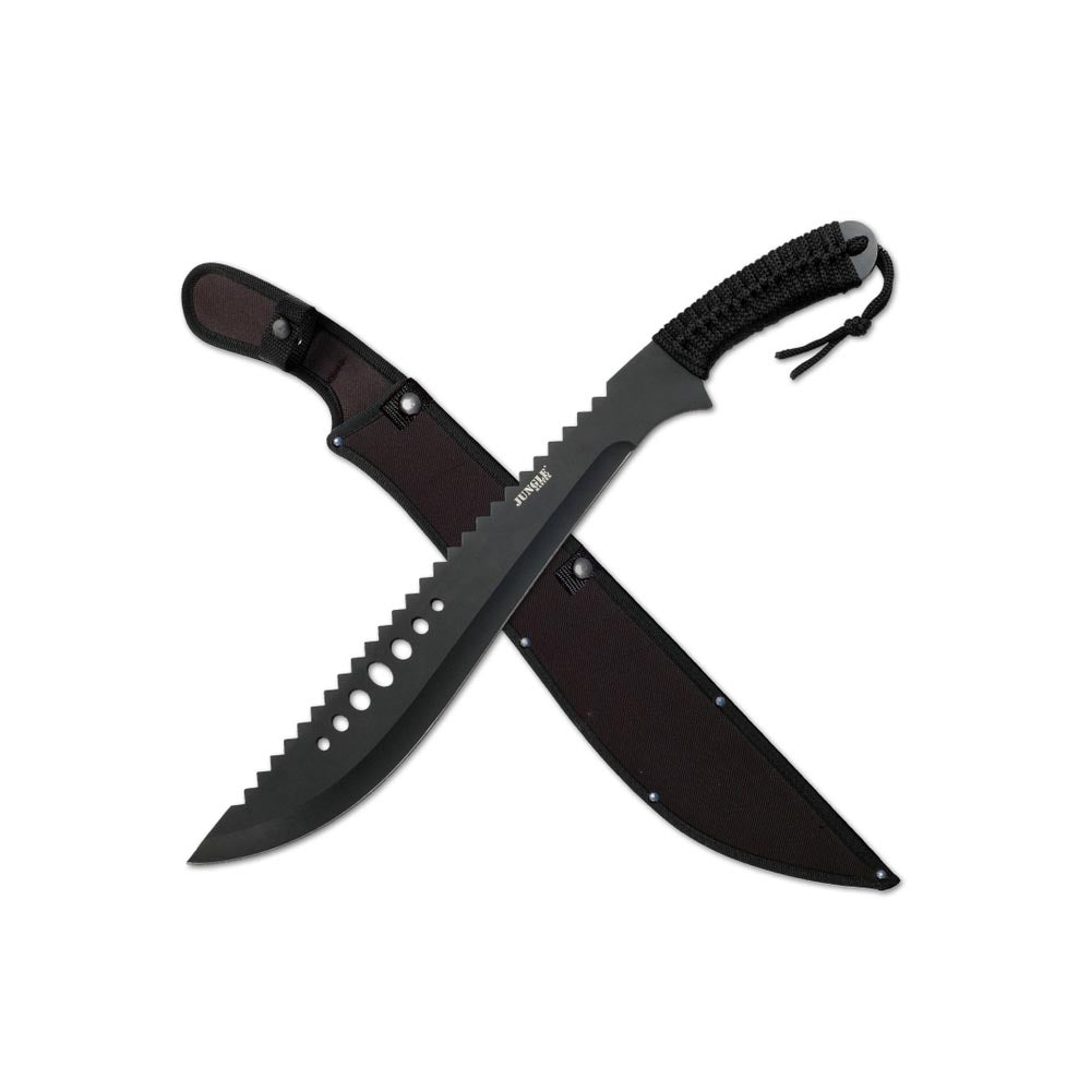 Rugged black machete featuring saw-tooth spines, ergonomic handle with lanyard, and protective cover.