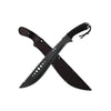 Rugged black machete featuring saw-tooth spines, ergonomic handle with lanyard, and protective cover.