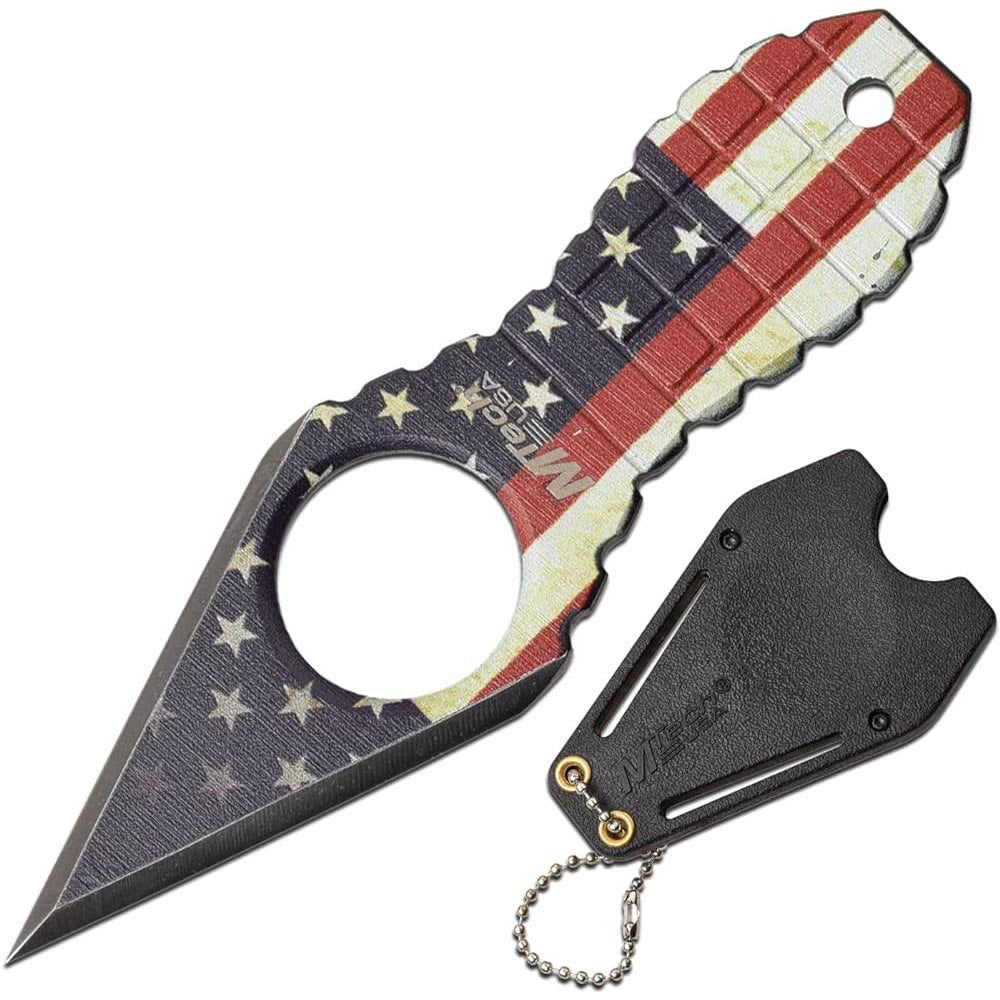 MTech USA neck knife with a patriotic American flag design, featuring a finger hole grip and pointed blade, alongside a black sheath with chain.