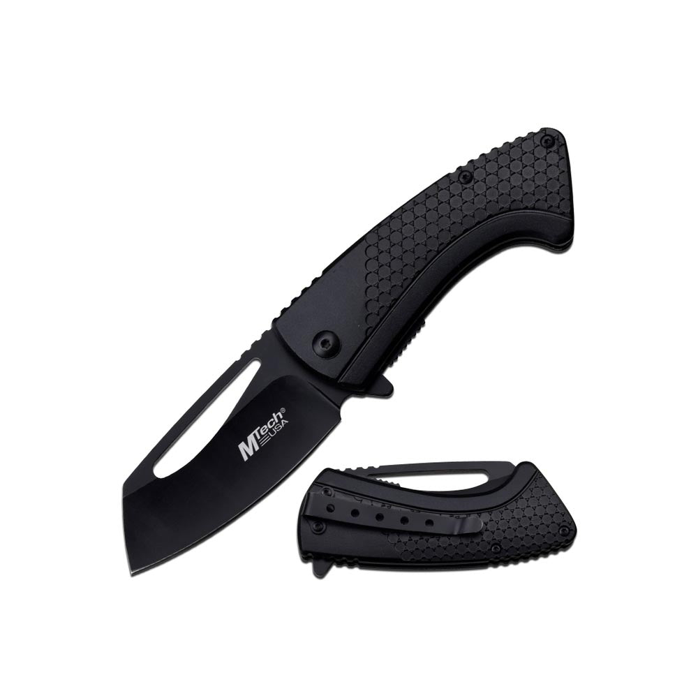 MTech USA folding knife with a black stainless steel blade, textured handle, and a wide cutout for easy opening.