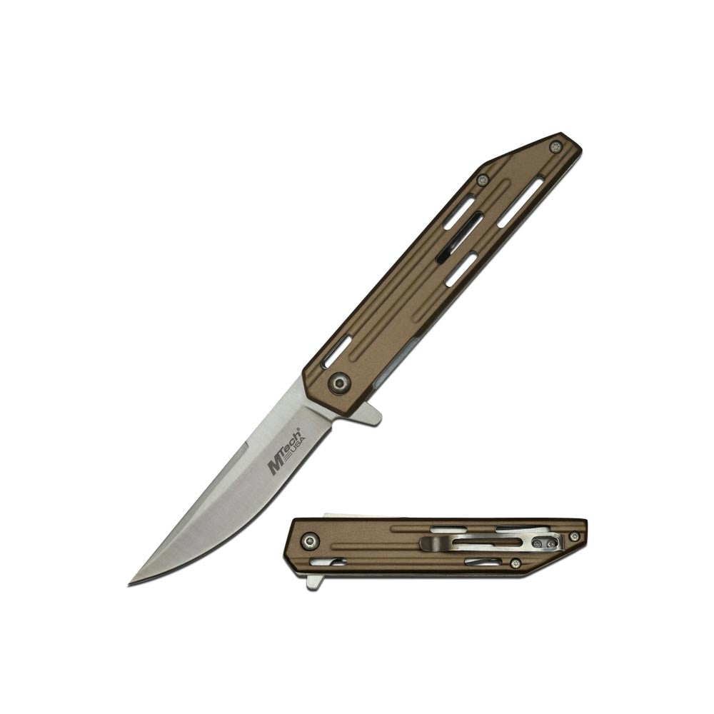MTech folding knife with a sleek stainless steel blade, slim ventilated handle, flipper tab, and pocket clip.