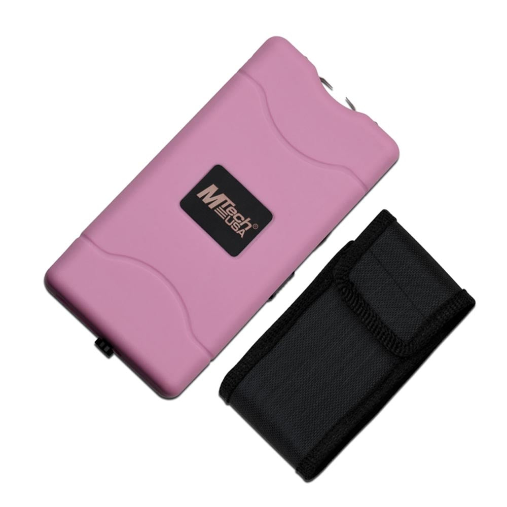 MTech USA rectangular stun gun with in pink, shown alongside a black nylon carrying pouch.