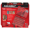 Drill bit set featuring spade bits, driver bits, and hex keys in a compact red case with a carrying handle.