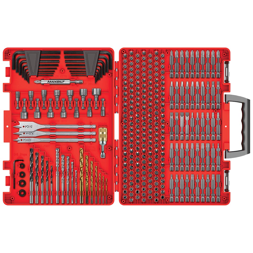 Comprehensive bit set in a sturdy red case with black handle, featuring various metal drill and driver bits.