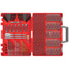Comprehensive bit set in a sturdy red case with black handle, featuring various metal drill and driver bits.