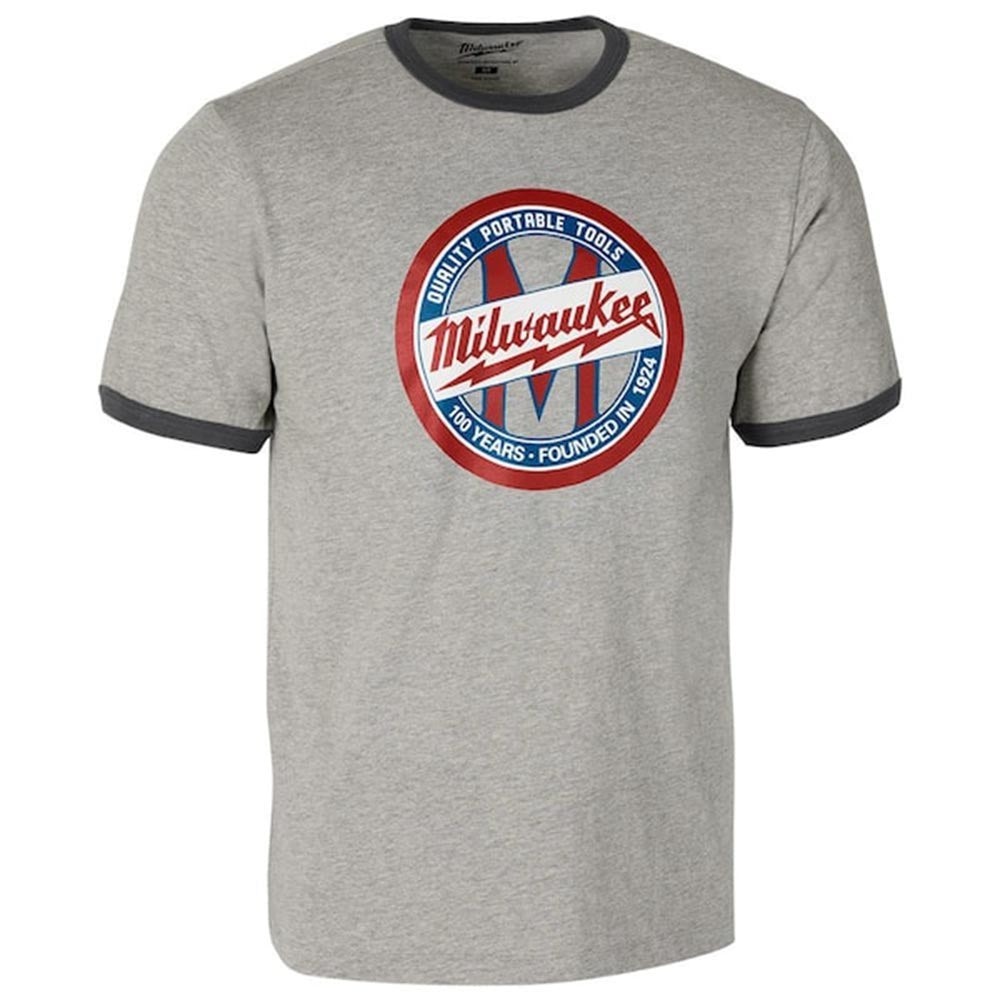 Milwaukee short sleeve t-shirt with contrast collar and sleeve cuffs, circular vintage-style chest graphic