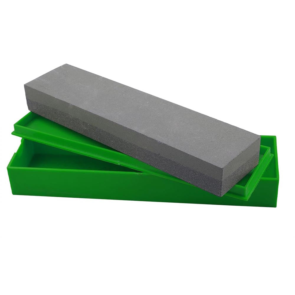 Dual-sided abrasive block featuring straight edges and compact green tray for protective storage