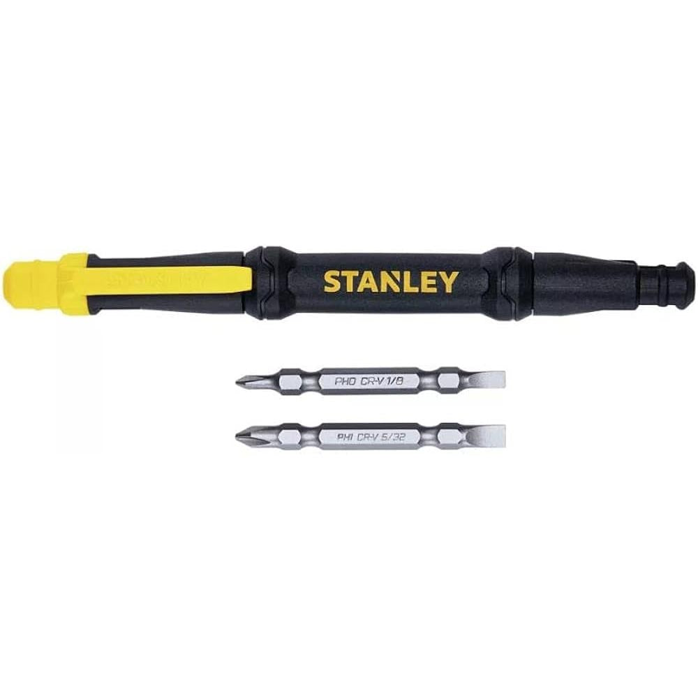 Stanley multi-bit screwdriver with a black and yellow handle, featuring interchangeable dual-sided bits.