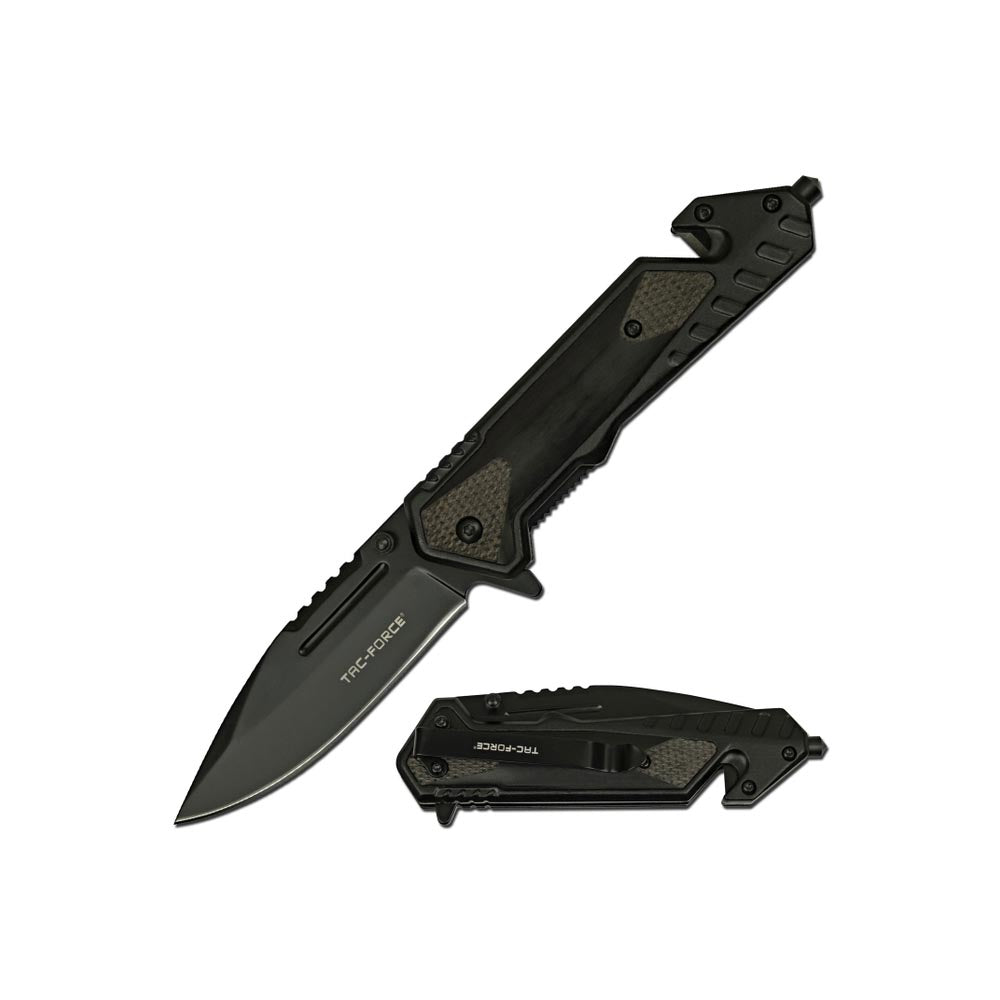 Tac-Force folding knife with a black stainless steel blade, textured handle, pocket clip, and integrated glass breaker.
