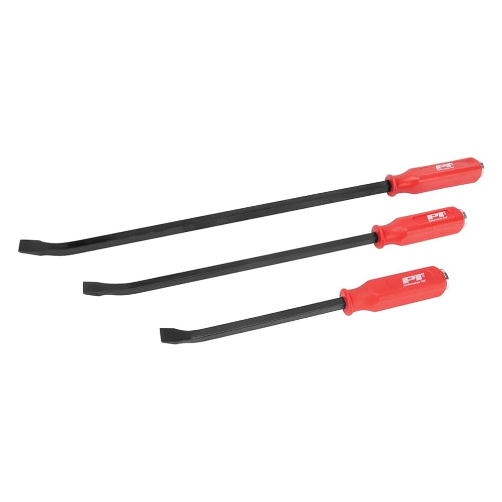 Set of three PT pry bars with red ergonomic handles and black steel shafts, varying in length.