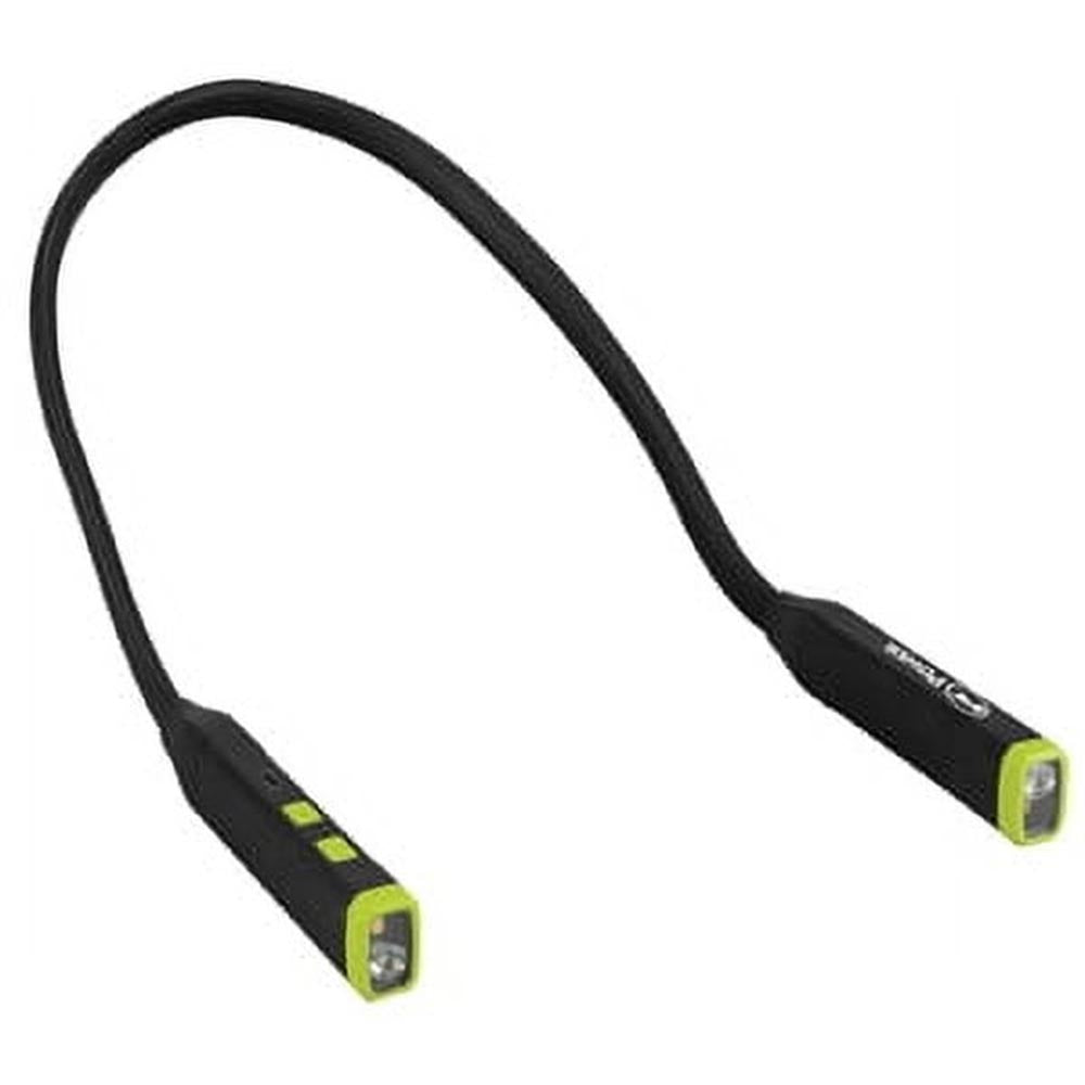Flexible-neck LED light with two rectangular heads, a black rubberized body, and bright accent details on each end.