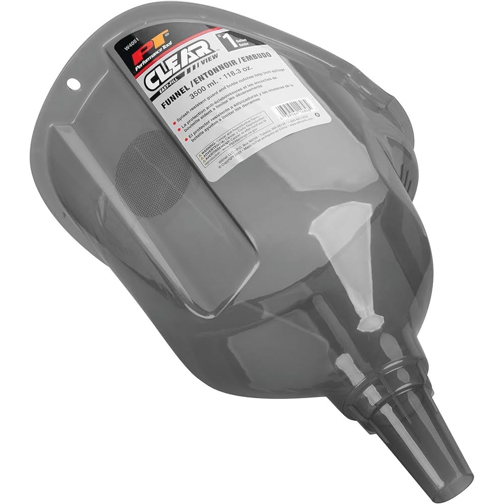 Large plastic funnel with a wide spout, integrated filter, and labeled body for easy pouring and filtering