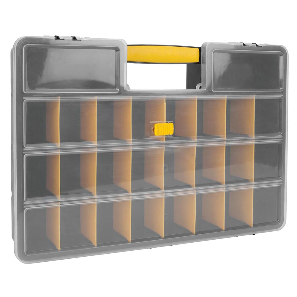 Portable compartment organizer featuring adjustable yellow dividers, a clear lid, and a sturdy carrying handle.