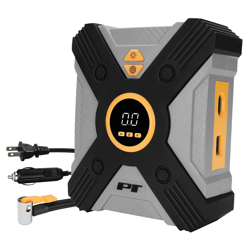 PT portable air compressor with a rugged black and gray body, digital display, control buttons, and multiple power inputs.