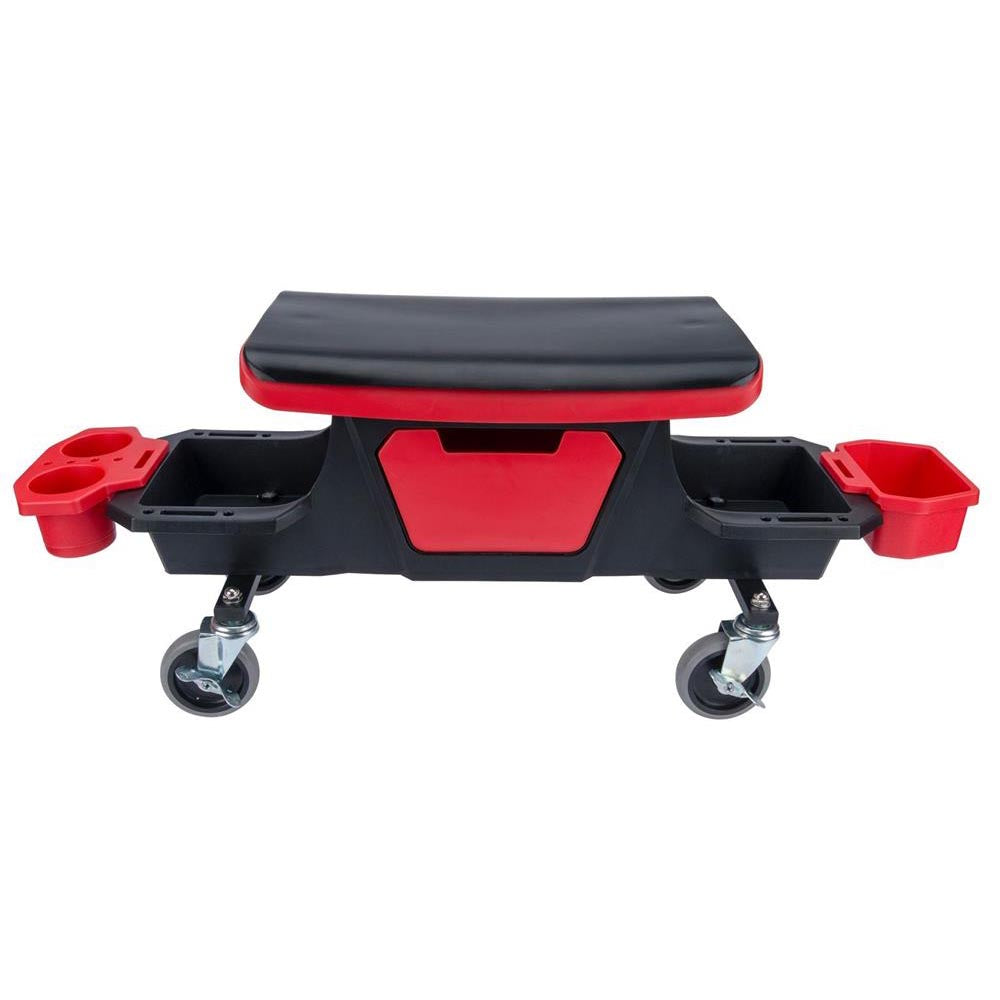 Padded creeper seat featuring side compartments, integrated cup holders, and sturdy wheels for easy movement.