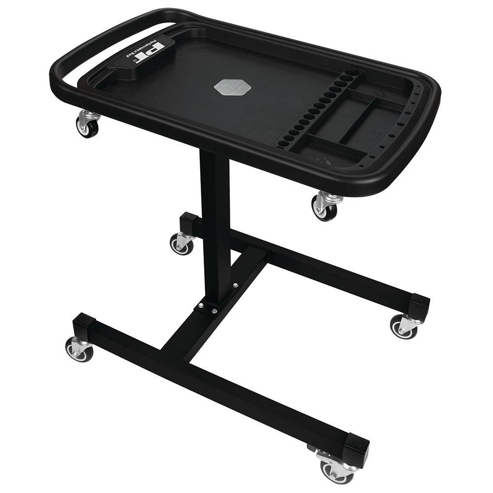 Black rolling tool cart with a sturdy metal frame, integrated handle, molded tray with compartments, and swivel casters.