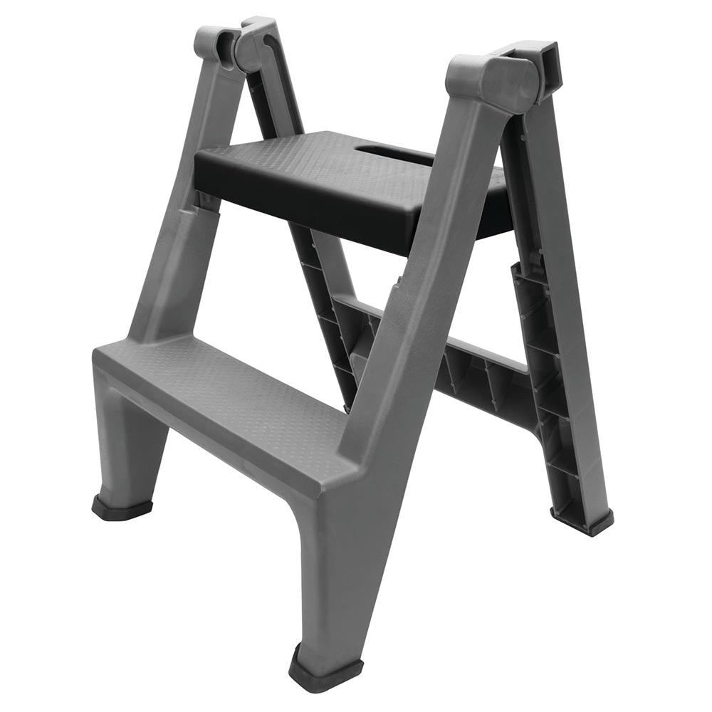 Compact foldable step stool featuring a durable design with reinforced plastic steps and non-slip foot caps.