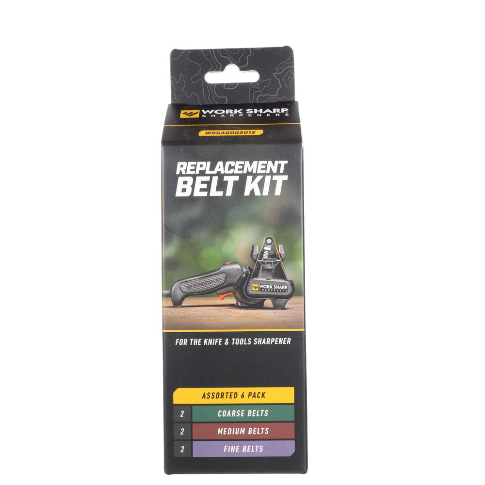 Replacement belt kit box for knife and tool sharpener, featuring 2 coarse, 2 medium, and 2 fine belts in assorted pack.