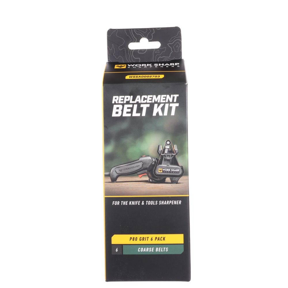 Replacement belt kit box for knife and tool sharpener, featuring 6 coarse P80 grit belts for sharpening.