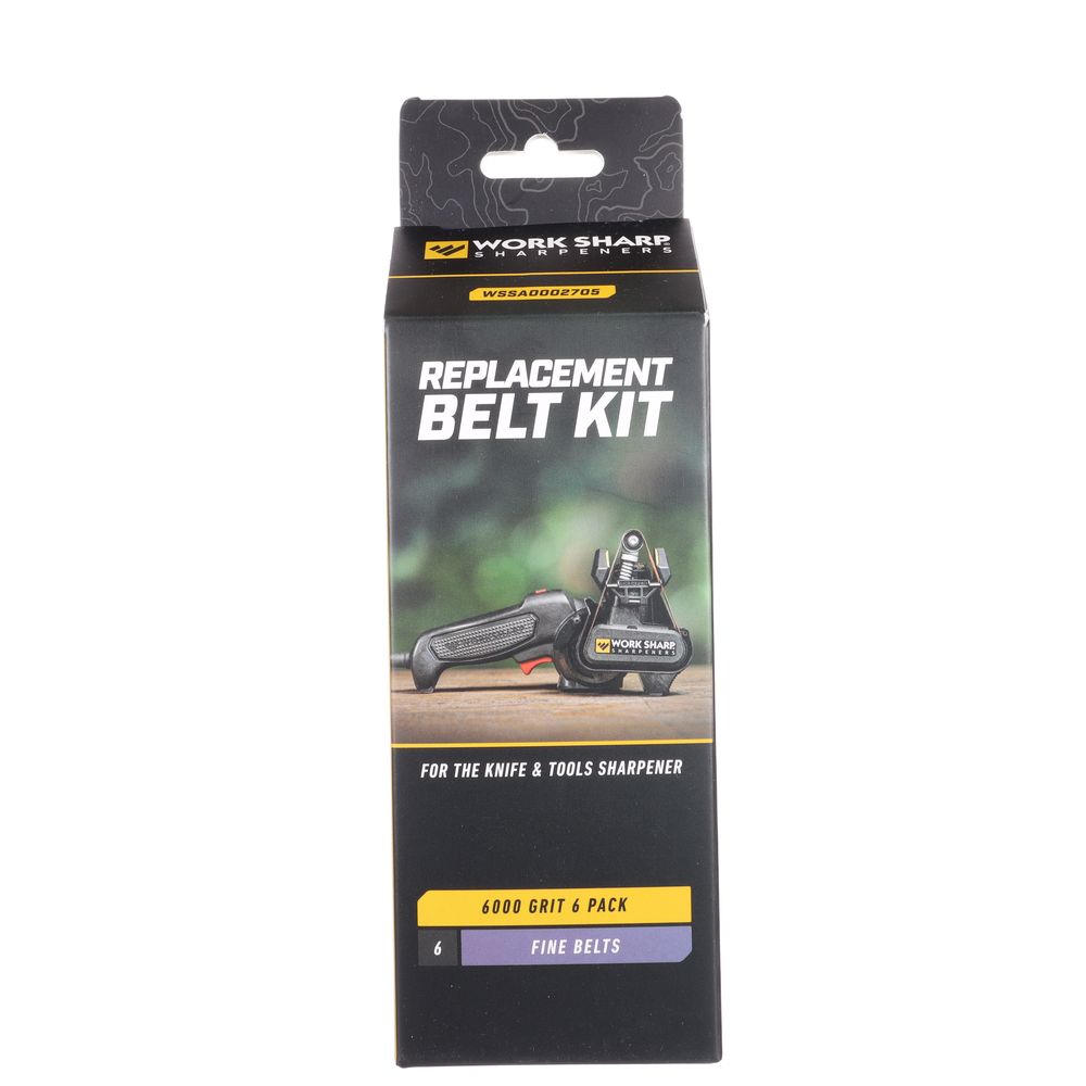Replacement belt kit box for knife and tool sharpener, featuring 6 fine 6000 grit belts for detailed sharpening.