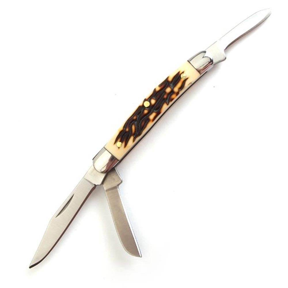 Classic pocket knife with three stainless steel blades, a textured handle with a faux stag design, and polished bolsters.