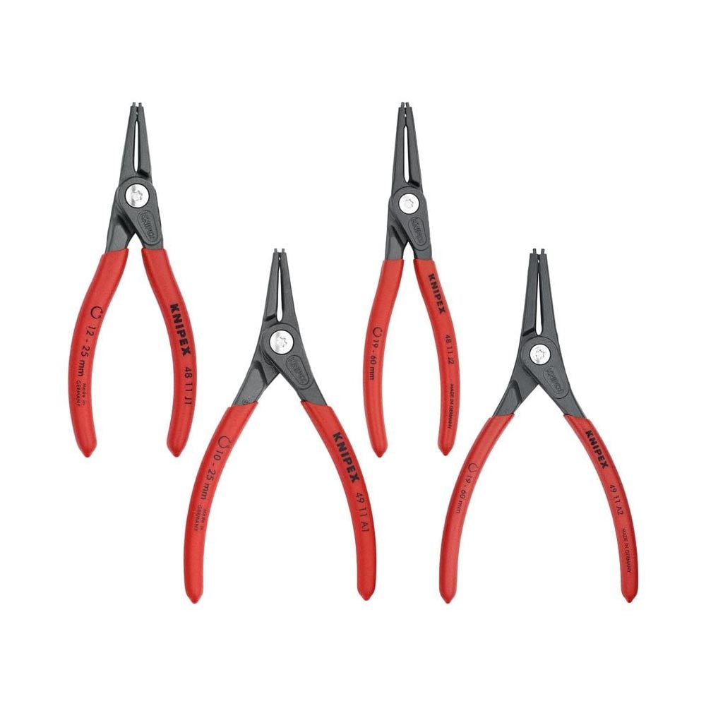 Set of four Knipex snap ring pliers with black steel tips and red handles, designed for various ring sizes.