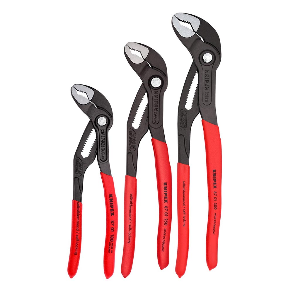 Set of three Knipex water pump pliers with adjustable jaws, featuring black metal heads and red insulated handles.