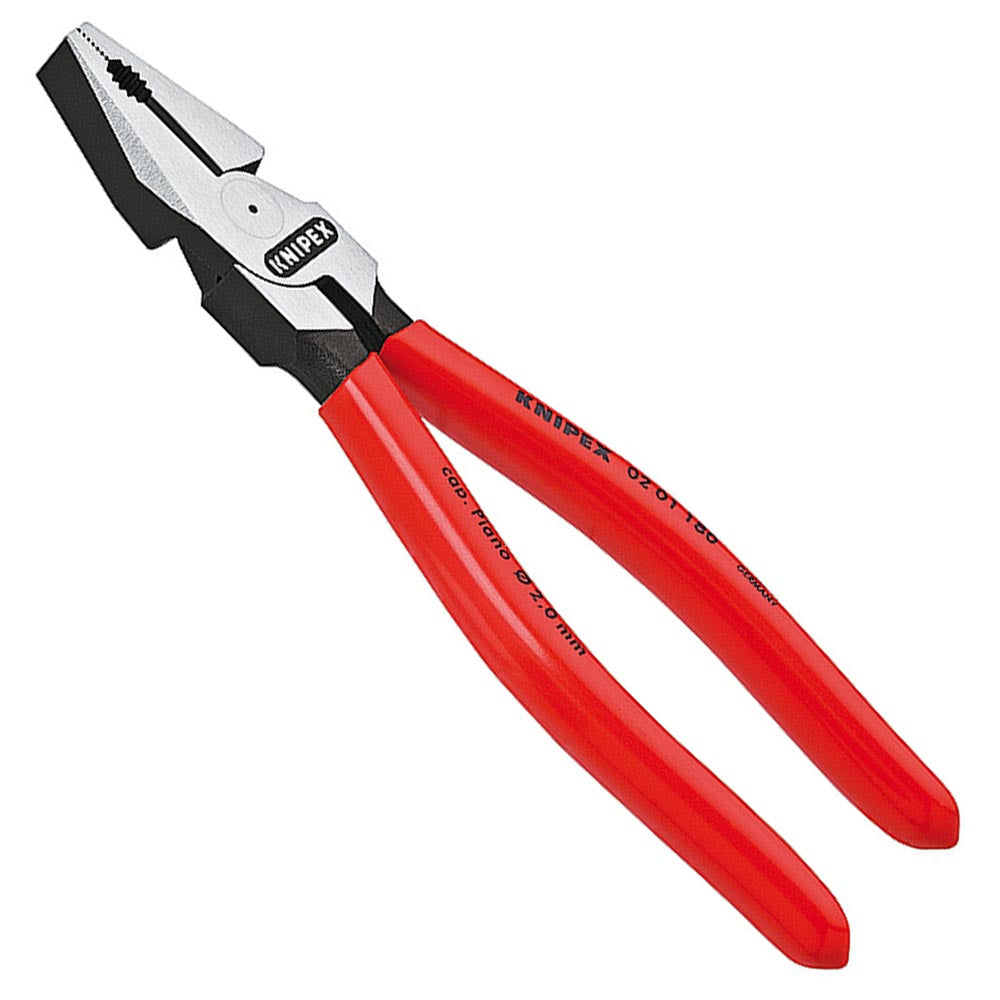 Knipex combination pliers featuring a robust metal head with ridged jaws and red insulated handles.