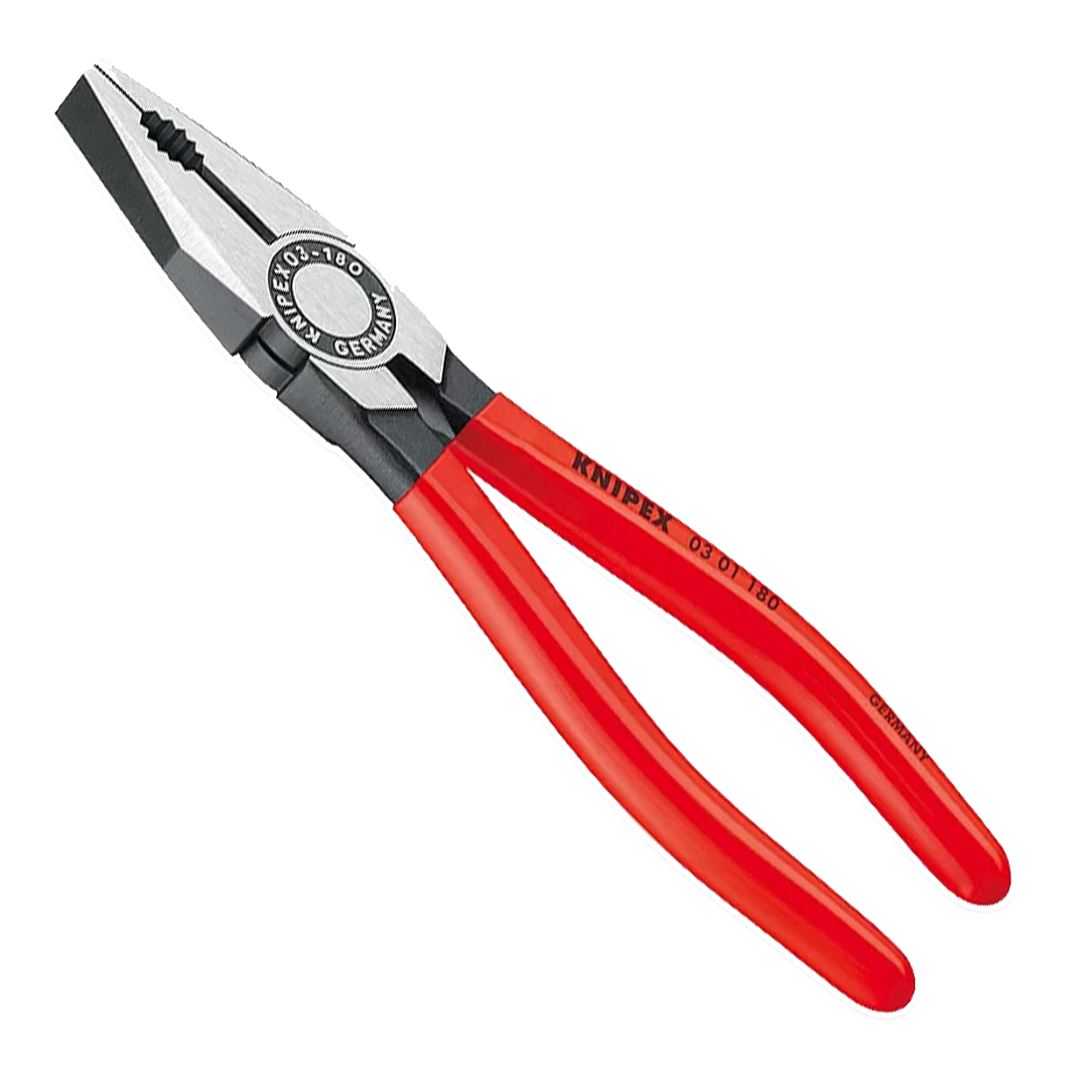 A pair of Knipex combination pliers with bright red handles, designed for gripping, cutting, and twisting wires