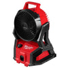 Milwaukee M18 jobsite fan with a rugged frame, adjustable head, large black fan blades, carrying handle, and control knob.