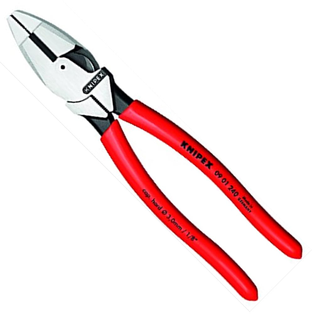 Knipex high-leverage linesman pliers featuring a strong grip area and red-coated handles for enhanced durability.