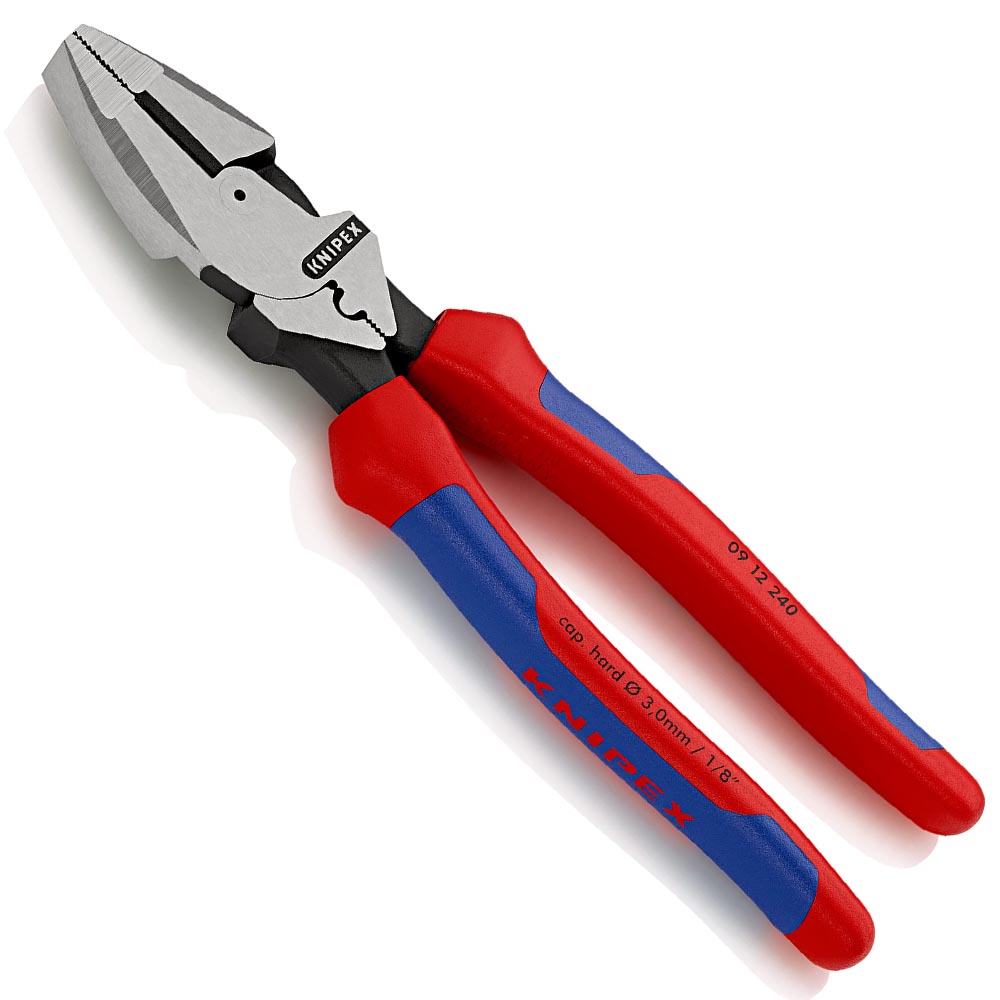 Knipex linesman pliers with multi-tone red and blue ergonomic handles, featuring serrated jaws and a durable design.