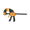 Quick-release clamp featuring textured grips, sliding jaw assembly, and branded casing with orange jaw pads