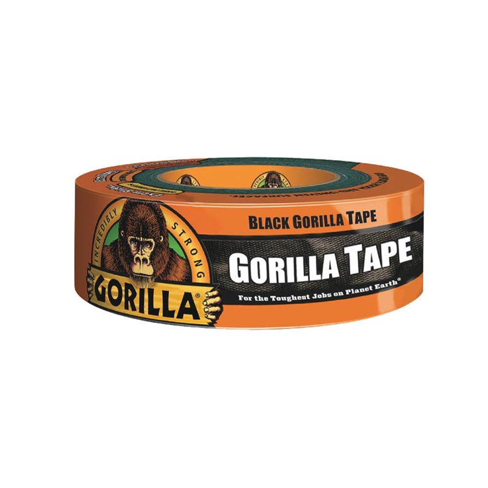 Gorilla Tape roll with thick black adhesive strip, orange branded label, and bold text around the outer wrap