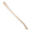Curved smooth wooden handle with tapered top and flared bottom, shaped for tool attachment