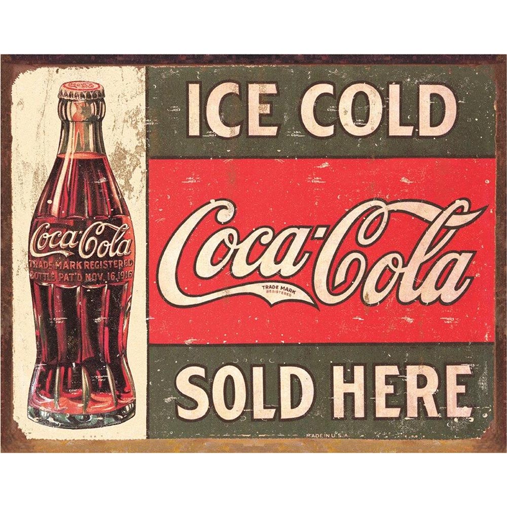 Vintage Coca-Cola sign featuring a classic glass bottle and bold text reading "Ice Cold Coca-Cola Sold Here."