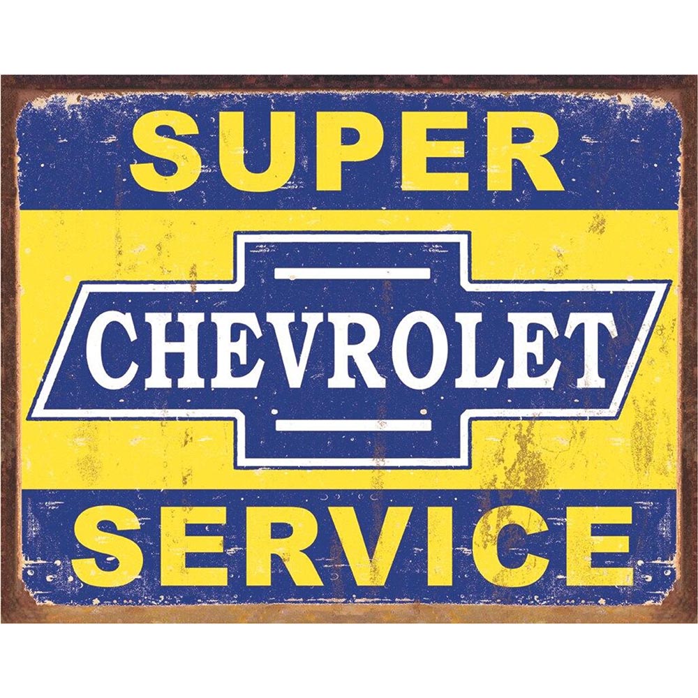 Vintage Chevrolet sign featuring bold "Super Service" text with a classic Chevy logo in the center on a distressed background.