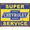 Vintage Chevrolet sign featuring bold "Super Service" text with a classic Chevy logo in the center on a distressed background.