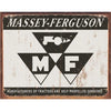 Rustic Massey-Ferguson sign with a prominent triangular logo and text highlighting the company's focus on tractors and combines.