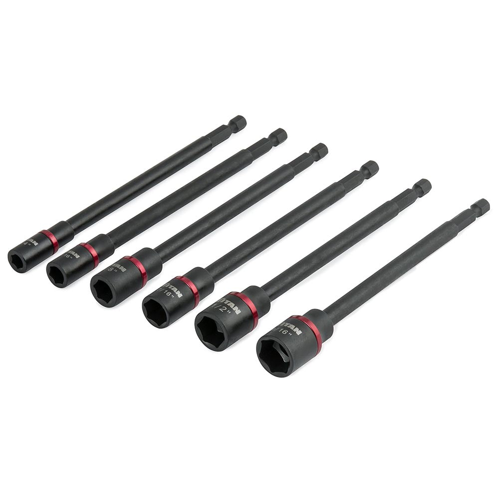 Set of six long-shaft nutdrivers with hex shanks, red accent rings, and labeled socket sizes.