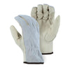 Pair of leather work gloves with textured suede back, smooth reinforced palm, and elastic gathering at the wrist