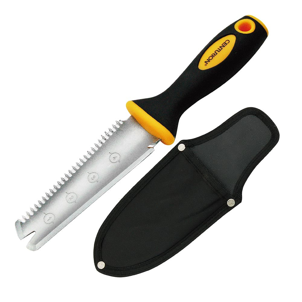 Centurion black and yellow garden knife with serrated stainless steel blade, ergonomic handle, and sheath.