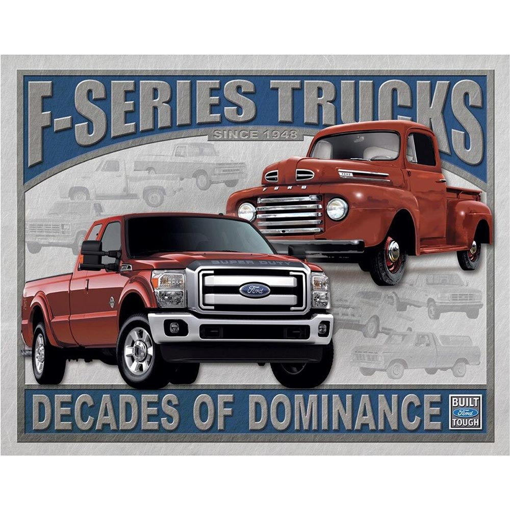 Ford F-Series Trucks sign showcasing a vintage and modern truck with bold text, highlighting "Decades of Dominance."