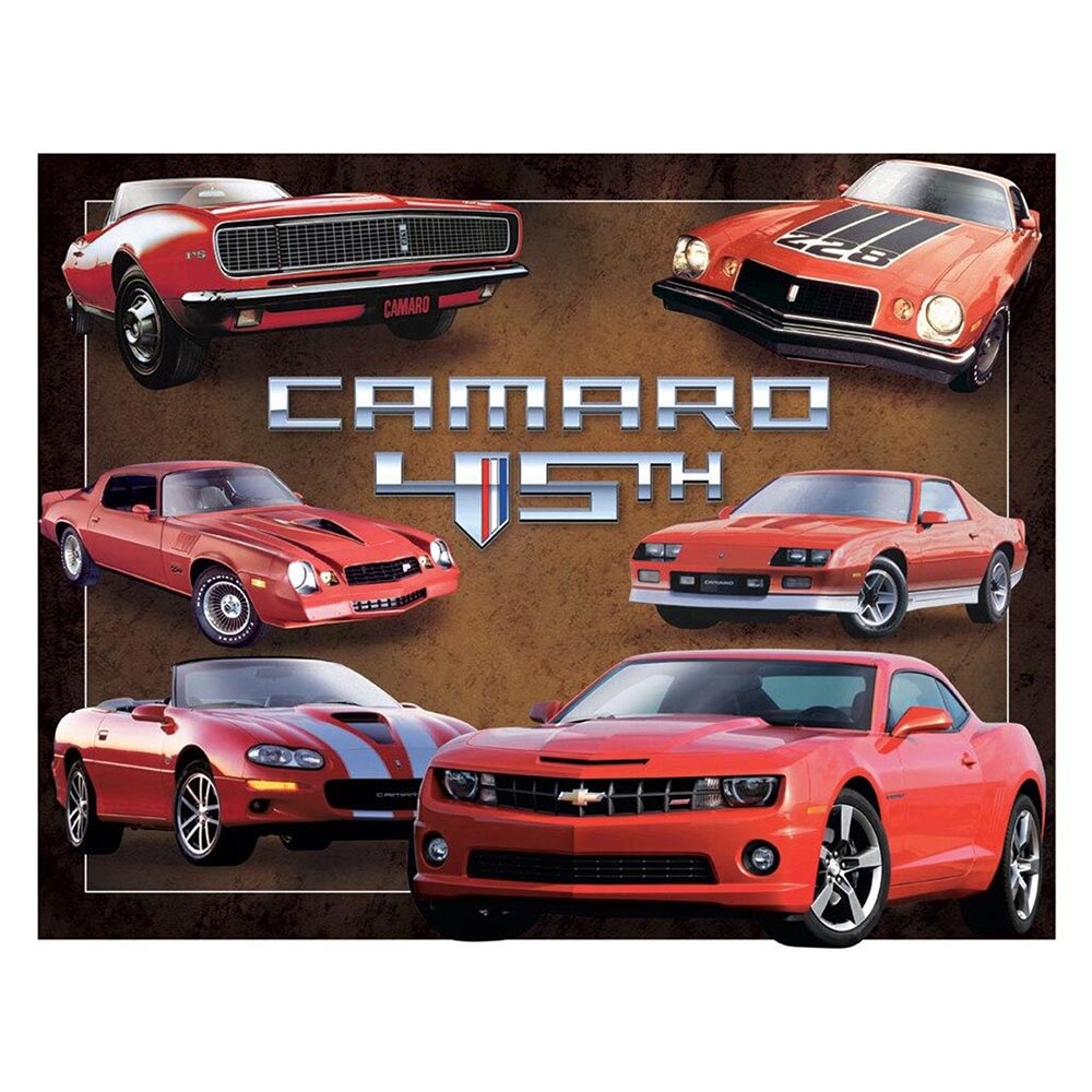 "Camaro 45th" anniversary sign featuring various Camaro models through the years, displayed in vibrant colors.