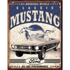 Vintage Mustang sign featuring a classic convertible with bold text and the Mustang logo, promoting "All American Muscle."