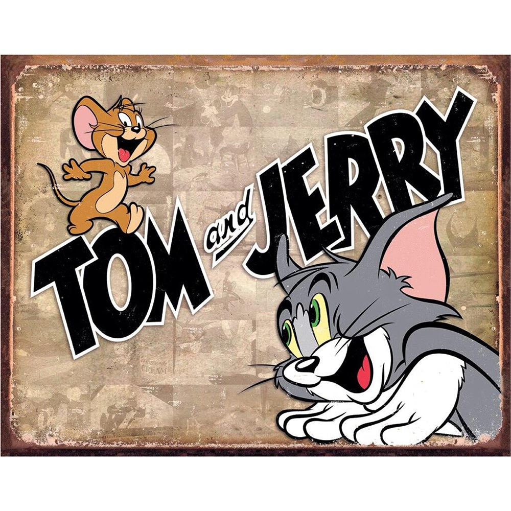 Cartoon-style sign showing Tom's face and Jerry standing on large "Tom and Jerry" text in a playful scene.