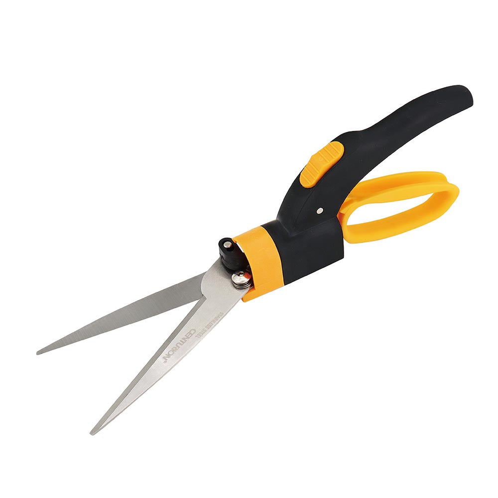 Centurion garden shears with long stainless steel blades, ergonomic black and yellow handle, and safety lock.