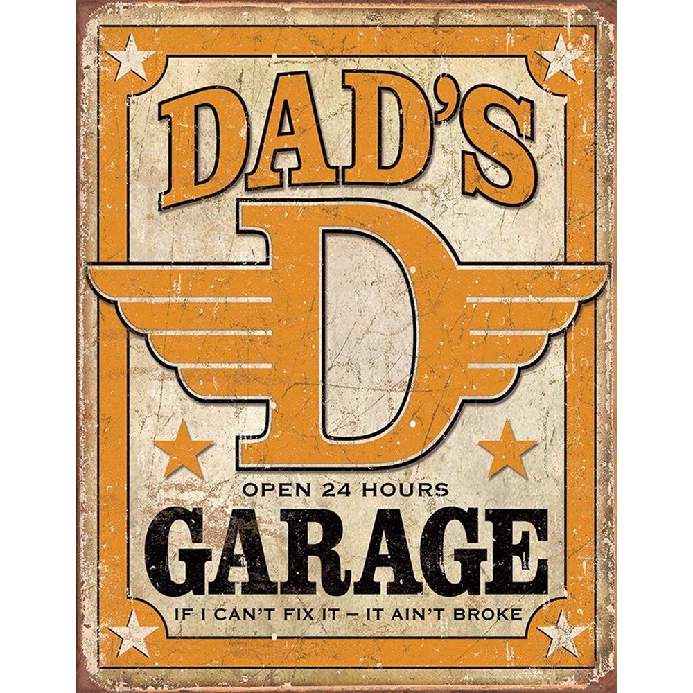 Vintage-style sign for "Dad's Garage" featuring a large winged "D" emblem and bold text with a distressed look.