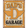 Vintage-style sign for "Dad's Garage" featuring a large winged "D" emblem and bold text with a distressed look.