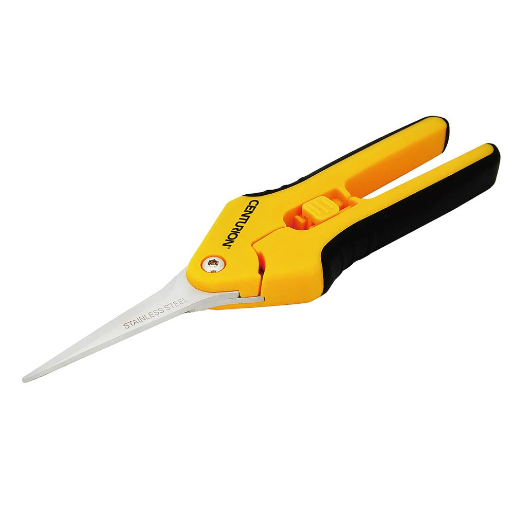 Centurion yellow and black shears with stainless steel pointed blades and ergonomic handles.